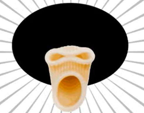 Funkaroni logo: a piece of rigatoni pasta wearing a black afro